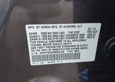 2019 Honda Pilot Ex z USA, uszkodzony, nr VIN 5FNYF6H33KB065108